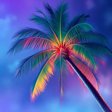illustration of a coconut palm tree, bathed in electric hues of turquoise, fuchsia, and gold. AI Generatedの写真素材