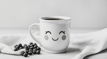 One white coffee mug with a smiling face and napkin on the side on a white background. AI Generatedの写真素材