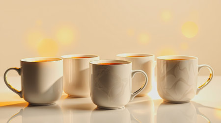 A set of cream Coffee mugs on a cream background.AI Generatedの写真素材