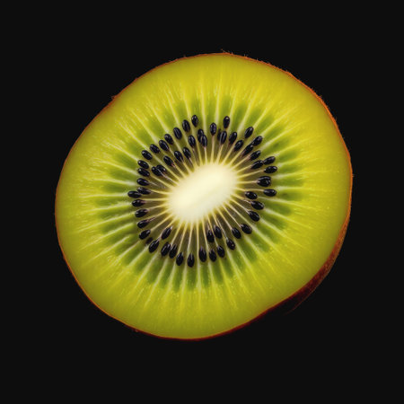 Sliced Kiwifruit or Chinese gooseberry on a black background. AI Generatedの写真素材