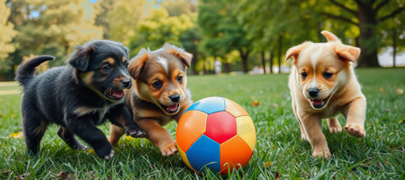 Three playful puppies playing with a colored ball in the garden.の写真素材