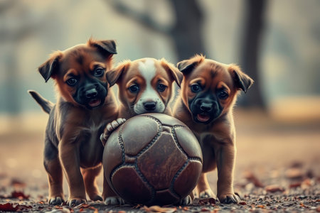 Three playful puppies playing with a ball in the garden.の写真素材