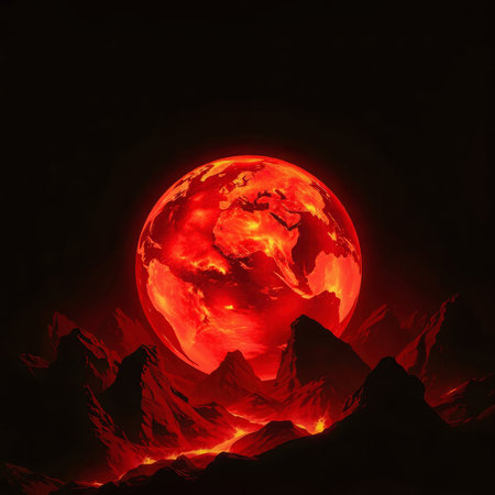 A bright planet on fire amid dark peaks and warmth. Generative AIの写真素材
