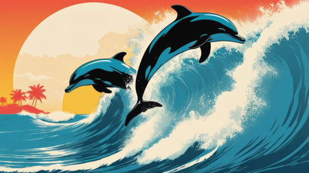 Dolphins gracefully surfing the ocean waves.の写真素材