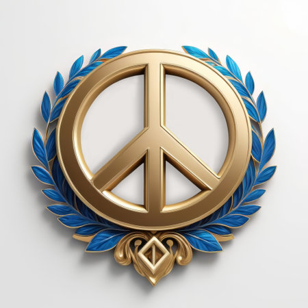 golden peace symbol design with blue and gold laurel wreath, representing peace harmony and unity. AI Generatedの写真素材