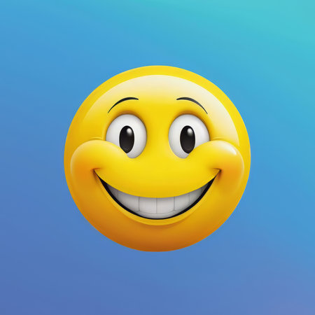 yellow smiley face on a blue gradient background, representing happiness and positivityの写真素材