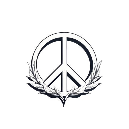 black and white peace symbol design with laurel wreath, representing peace harmony and unity on a white background. AI Generatedの写真素材