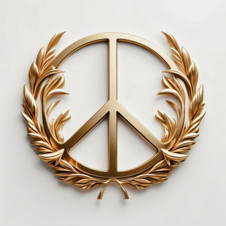 golden peace symbol design with laurel wreath, representing peace harmony and unity. AI Generatedの写真素材