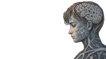 Digital Illustration of a Teenage Girl with a Tattoo and mental health issues. highlighting the mental processes and biological functions in an illustrative way. White background Aの写真素材