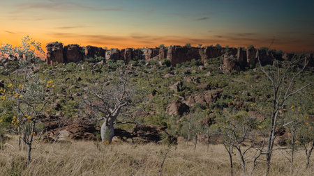 This stunning photo in Baines NT featuring a breathtaking sunset illuminating the rocky landscape, showcasing the natural beauty and vibrant colors of dusk in a wild ecosystem.の写真素材