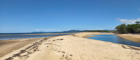Cowley Beach is known for being close to the Barnard Island Group National Park, golden sandy beach stretching towards the tranquil sea, framed by coastal vegetation, under a clear blue skyの写真素材
