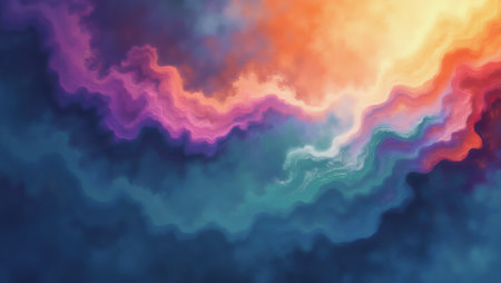 The image presents soft gradient waves, merging purple, teal, and orange shades, creating a serene yet dynamic image. AI Generatedの写真素材