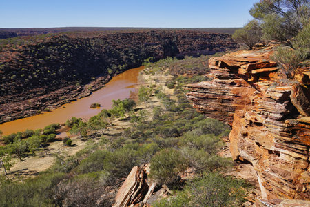 Kalbarri National Park Skywalk in Western Australia. A stunning view from the lookout over a beautiful gorge at Kalbarri. Murchison Riverの写真素材