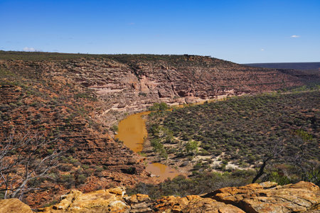 View of the gorge at Kalbarri Skywalk in Kalbarri National Park, Western Australia. The Murchison River is the second longest river in Western Australia.の写真素材