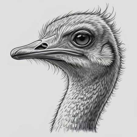 Close up of a Portrait of Australian Emu as a cartoon drawing black and white on a white background. AI Generatedの写真素材