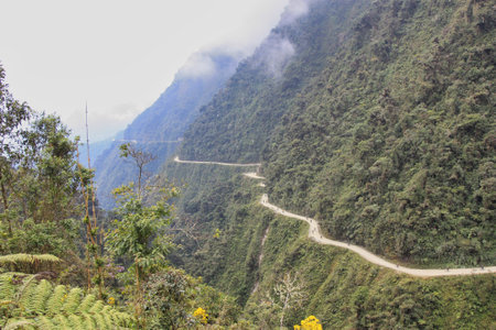 Death Road a narrow dirt road ,one of the most dangerous road in the world, Bolivia. south Americaの写真素材
