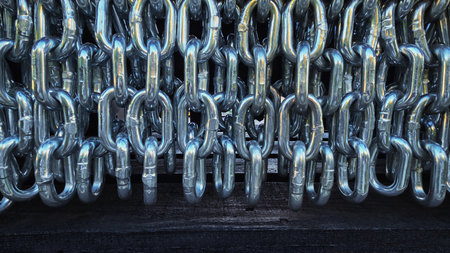A row of intertwined shiny metal chains, showcasing their strength and industrial aesthetic in a close-up view.の写真素材