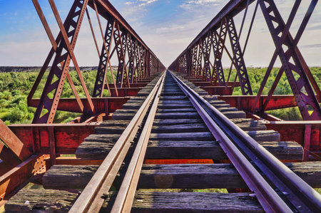 The Great Northern Railway Algebuckina Bridge now the old Ghan railway bridge.Located on the Oodnadatta Track , was constructed 1892. view from on top of the bridgeの写真素材