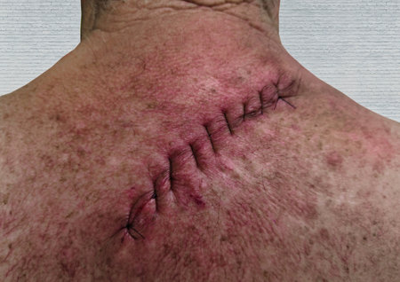 This close-up image showcases a fresh surgical scar, removal of melanoma on the back of a man,...