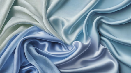 Beautiful satin fabric features a blend of light and dark blue tones, creating a smooth and serene visual texture. Ai Generatedの写真素材