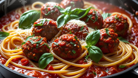 skillet of spaghetti topped with meatballs in rich tomato sauce, garnished with fresh basil and grated cheese. Comforting Italian dish perfect for family dinners and hearty meals. AI Generatedの写真素材