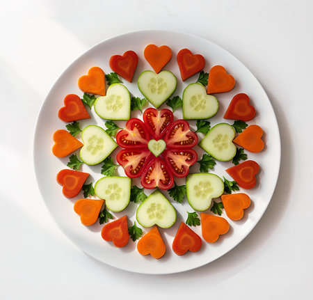 A neatly arranged assortment of heart-shaped vegetable slicesâvibrant red tomato, crisp cucumber, pale green zucchini, and bright orange carrotâstyled on a clean white surface with soft natural lighting for a fresh, romantic food concept. AI Generatedの写真素材
