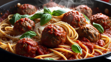 spaghetti topped with meatballs in rich tomato sauce, garnished with fresh basil and grated cheese. Comforting Italian dish perfect for family dinners and hearty meals. AI Generatedの写真素材