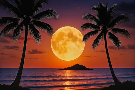 A large orange Super moon rises over calm ocean waters, creating a serene atmosphere. Silhouetted palm trees stand on either side, enhancing this tropical sunset scene. AI Generatedの写真素材