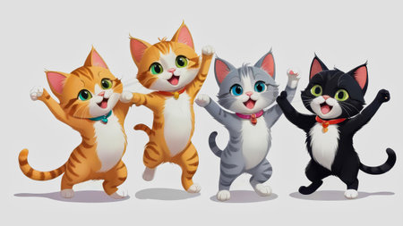 Four colorful cartoon cats stand together, each with distinct fur patterns, expressing excitement and joy. They are happily dancing with raised paws and bright smiles. AI Generatedの写真素材