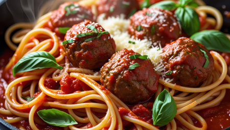 Saucepan of spaghetti topped with meatballs in rich tomato sauce, garnished with fresh basil and grated cheese. AI Generatedの写真素材