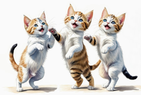 Three adorable kittens with bright fur patterns are playfully standing on their hind legs. They appear to be enjoying a delightful and energetic moment, full of joy and curiosity. AI Generatedの写真素材