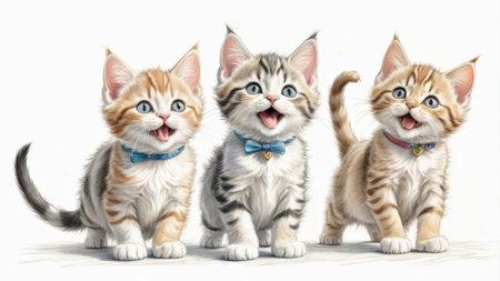 hree adorable kittens sit side by side, each wearing colorful collars. They are smiling joyfully, showcasing their playful personalities in a bright space. AI Generatedの写真素材