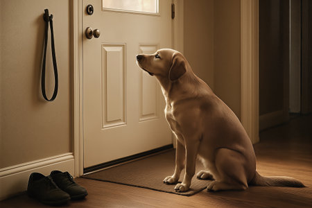 A loyal dog sits by the door, looking expectantly as the warm light fills the room. Shoes rest nearby, highlighting the sense of anticipation for their owner's return. This scene evokes themes of loyalty, separation, and anticipation.の写真素材