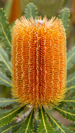 A striking orange banksia flower stands tall among green leaves, showcasing a unique shape and texture. AI Generatedの写真素材