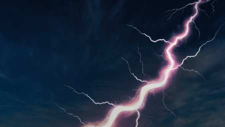 Bright lightning bolts illuminate the dark evening sky, creating an awe-inspiring scene filled with energy and raw power. The stormy backdrop adds intensity to the moment.の写真素材