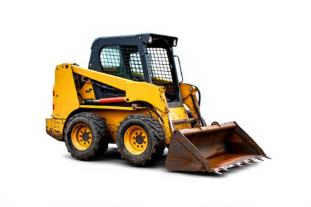 Yellow skid steer loader with a large front bucket and protective cab, ideal for construction, landscaping, and material handling on-site. ai generatedの写真素材