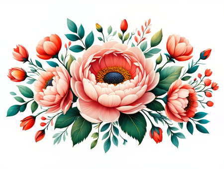 This beautiful arrangement showcases large pink peonies surrounded by smaller buds and green leaves. The vibrant colors create a lively and cheerful atmosphere, perfect for decoration. AI Generatedの写真素材