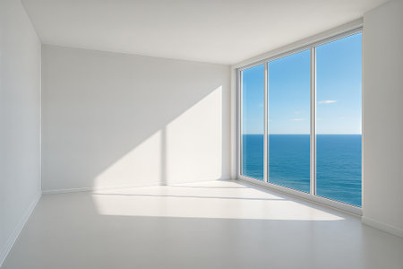 A clean, airy white room features expansive floor-to-ceiling windows offering a stunning ocean view. Soft natural light fills the space, creating a tranquil, modern setting ideal for interior, real estate, or travel imagery.の写真素材