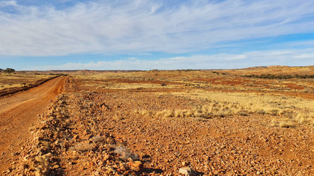 A vast arid landscape with a dirt road cutting through rocky soil, sparse grasses, under a clear blue sky. Ideal for themes of travel, and rugged endurance.The Painted Desert South Australiaの写真素材