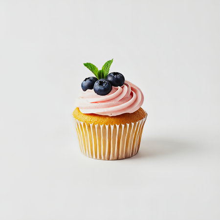 A golden cupcake topped with pastel pink butter cream, fresh blueberries, and a mint leaf rests on a clean white surface. Bright, inviting, and perfect for bakery, dessert, and celebration visuals. AI Generatedの写真素材