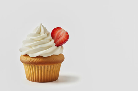 A single cupcake topped with creamy white frosting and a fresh strawberry slice, perfect for bakery menus, dessert displays, and celebrations. Sweet, inviting, and visually appealing for food lovers. AI Generatedの写真素材