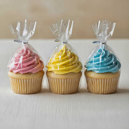 Three colorful cupcakes with pink, yellow, and blue frosting are packaged in clear plastic bags, tied with metallic closures. A festive, gift-ready look perfect for celebrations and dessert displays.AI Generatedの写真素材
