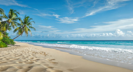 This tranquil beach scene features soft sand and gentle waves lapping at the shore. Tall palm trees sway lightly in the breeze under a bright blue sky, creating a peaceful atmosphere.の写真素材