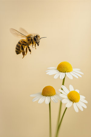 A close-up captures a honey bee in mid-air toward bright white daisies with yellow centers, set against a warm, soft beige background to convey calm, natural beauty. AI Generatedの写真素材