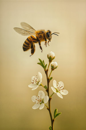 Macro shot of a honeybee in flight toward delicate white blossoms. Warm golden background evokes spring, pollination, nature, and the busy rhythms of garden life. AI Generatedの写真素材