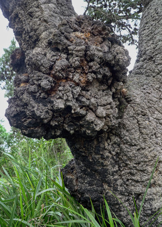 Close-up of a weathered tree trunk with a large burl, grasses at the base, and a natural forest backdrop, conveying resilience and rugged outdoor wilderness.の写真素材