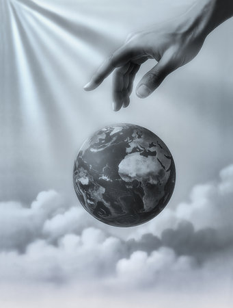 A delicate hand hovers above a floating Earth against a soft cloudy sky, conveying global reach, care for the planet, and humanity's connection to the world. AI Generatedの写真素材