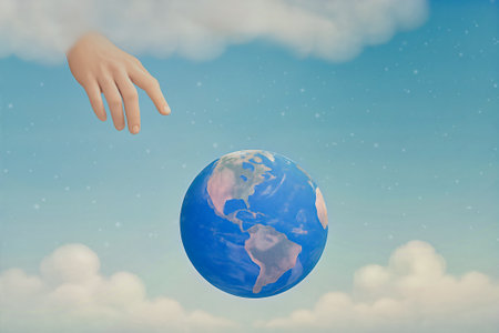 A ethereal image of a hand reaching toward a floating Earth, symbolizing global connectivity, unity, and future-focused thinking. Ideal for topics like environment or religion. AI Generatedの写真素材
