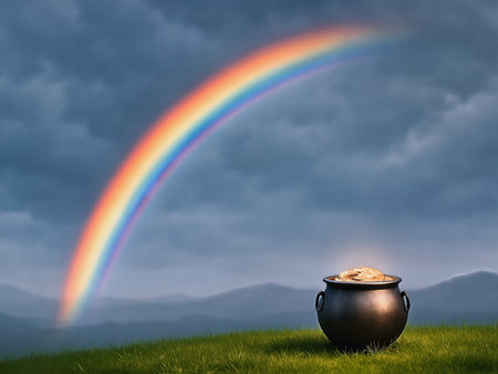 A pot brims with gold coins on green grass, beneath a vivid rainbow arch across a moody sky, evoking luck, wealth, and fantasy in nature. AI Generatedの写真素材