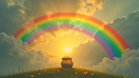 A pot filled with gold sits on a grassy hill, illuminated by the warm glow of a sunset. A colorful rainbow arches across a dreamy sky filled with fluffy clouds.AI Generatedの写真素材